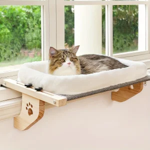 Cat Window Perch, Cat Window Hammock for Indoor Cats Wood & Metal Frame for Large Cats, Easy to Adjust Windowsill, Bedside, Drawer and Cabinet